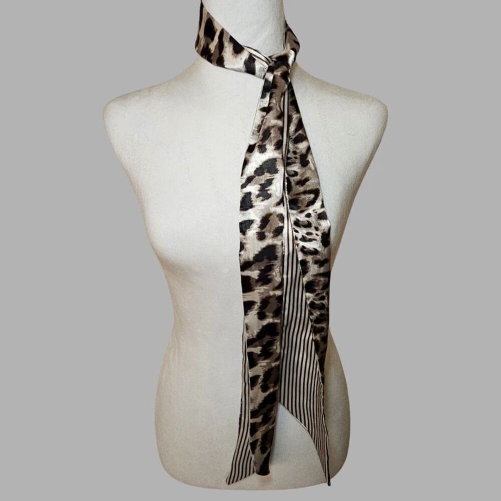 Reversible Leopard Print and Metallic Stripe Skinny Hair Scarf / Neck Tie 60"